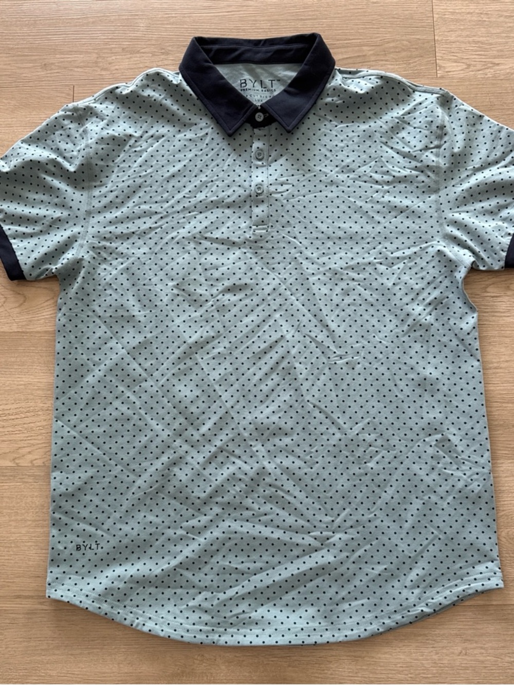 BYLT Basics Light Blue Polo with Navy Polka Dots